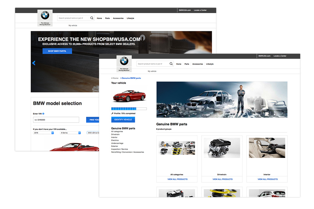 Two additional desktop views of the BMW Aftersales eCommerce website showcasing tailored content to ones vehicle purchases.