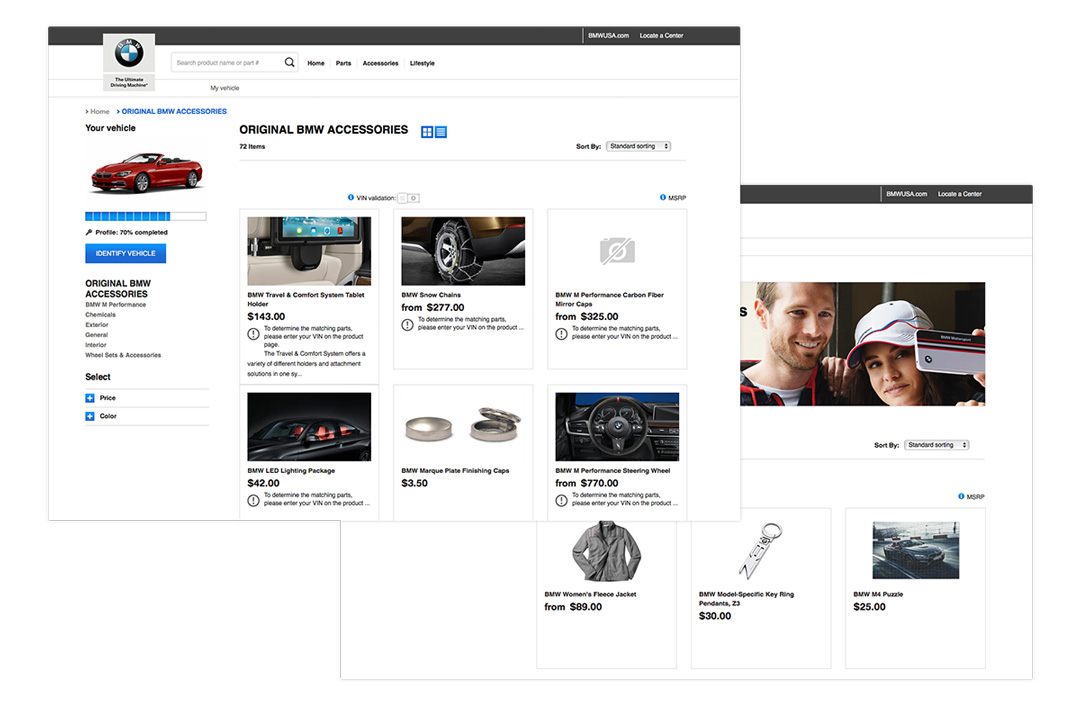 Two desktop views of the BMW Aftersales eCommerce website showcasing the variety of accessories available from BMW.