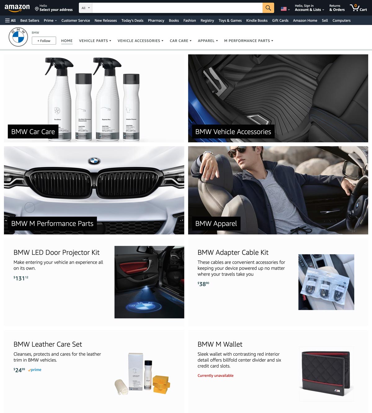 Screenshot of the BMW Amazon Seller Central homepage on Amazon.com