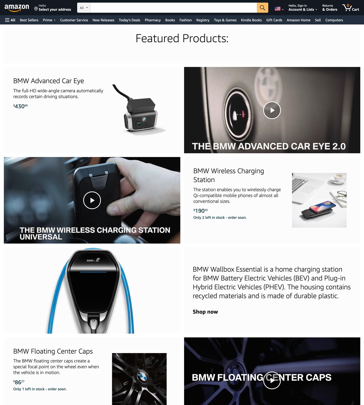 Screenshot of the BMW Amazon Seller Central featured products page on Amazon.com