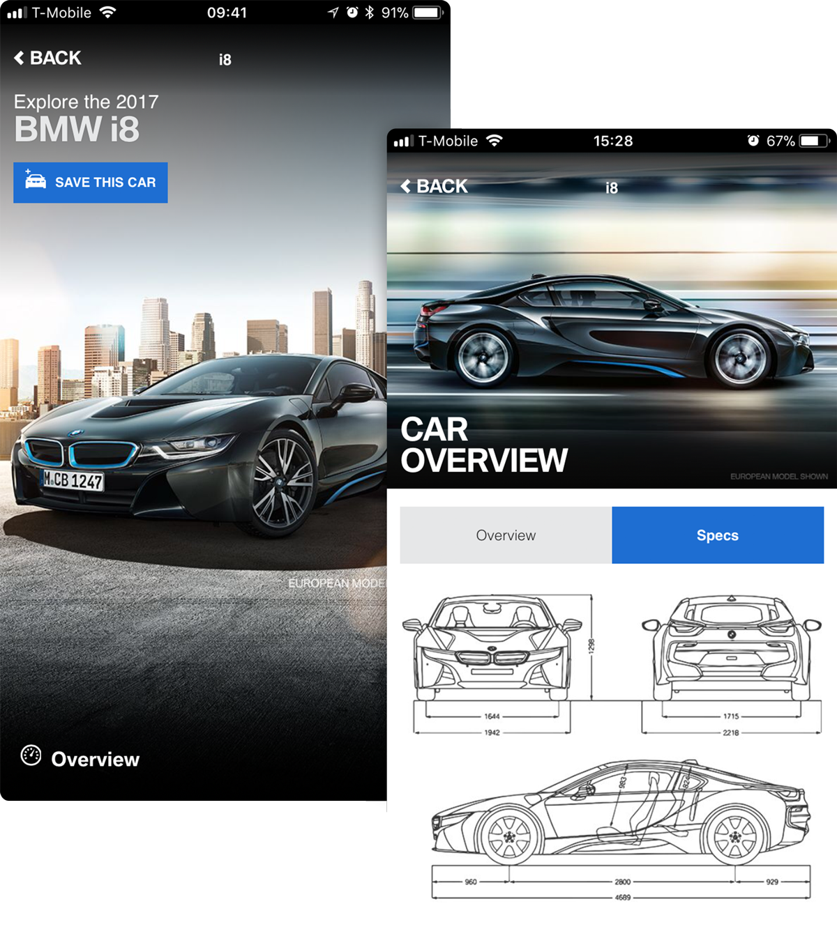Two screenshots from the Genius App showcasing the i8 model and spec sheets showing it piece-by-piece.