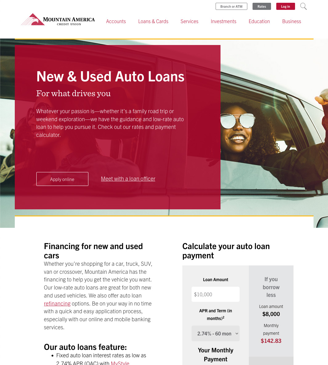 Screenshot of the MACU subpage for autoloans.