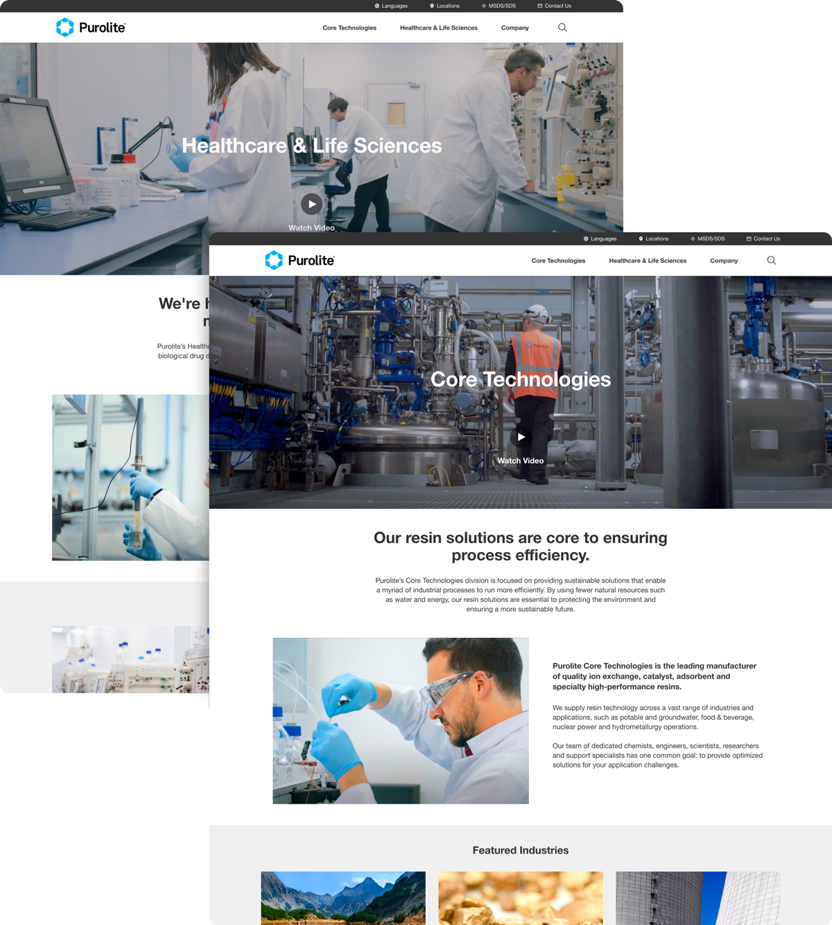 Screenshot of the Core Technologies and Life Science homepages juxtaposed on top of one another.