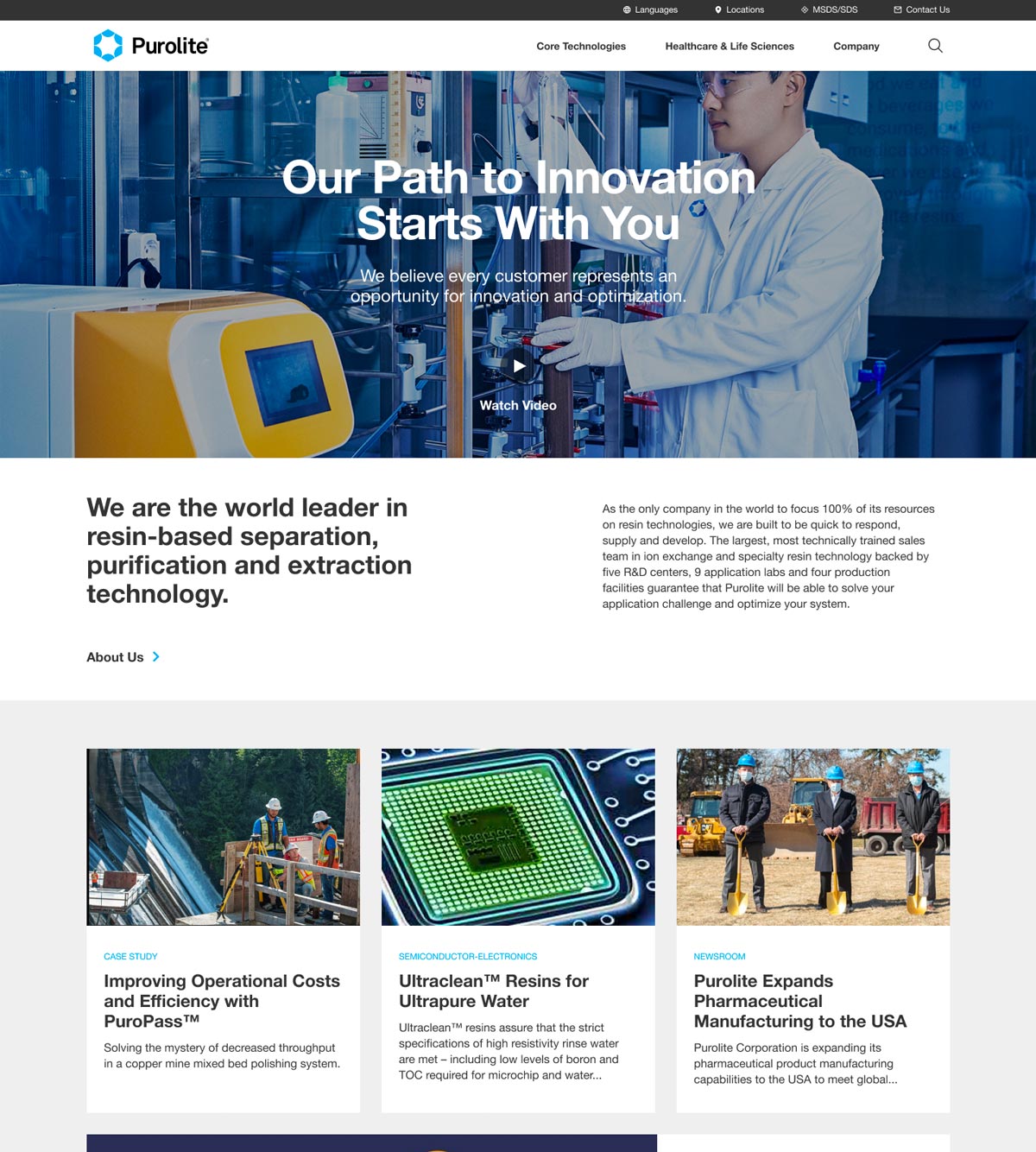 Screenshot of the new Purolite Global homepage highlighting their innovation and areas of expertise in resin technology.