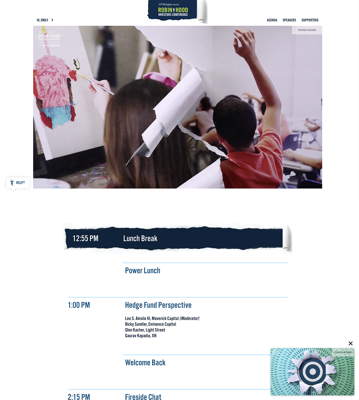 Two separate screenshots of the investor conference website showcasing the video player in a stationary position and in a sticky position that follows the user around the page.
