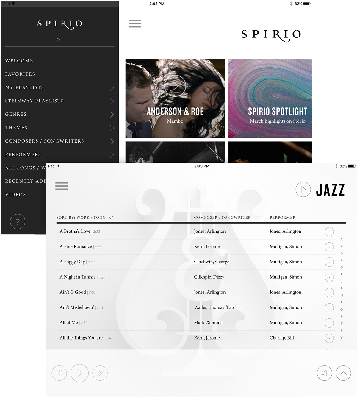 Two additional screenshots from the Steinway Spirio iPad app taking a deeper dive into the Jazz category song list.