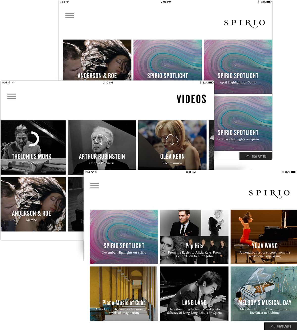 Three screenshots from the Steinway Spirio iPad app of different music and artist selections, including videos.