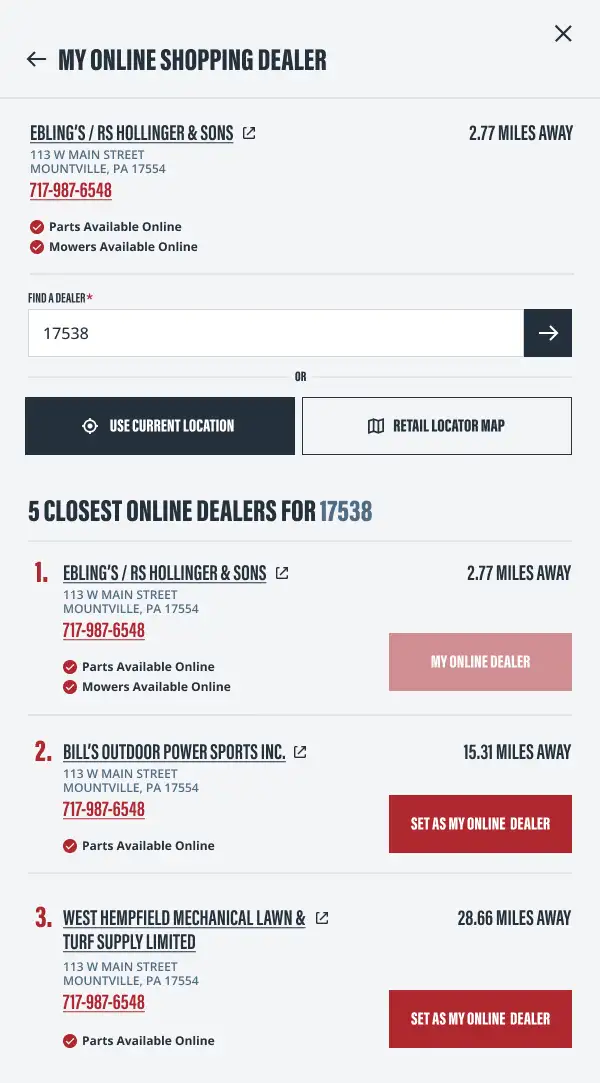 Slide out menu for locating a local dealer by zip code