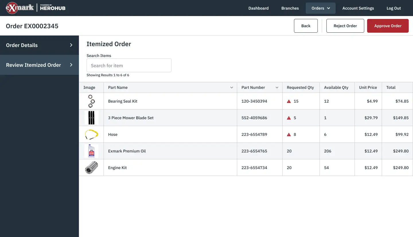 Admin portal showing a product order details page UI